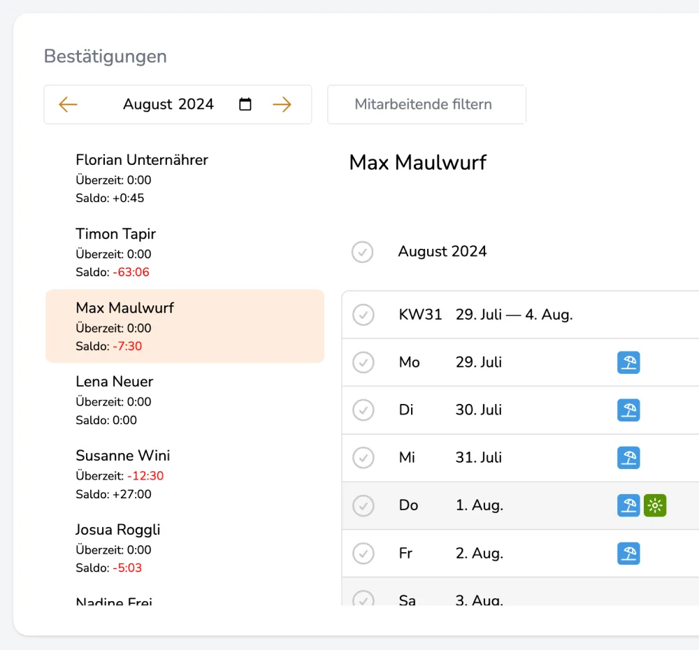 Timesia Zeiterfassung feature screen mockup