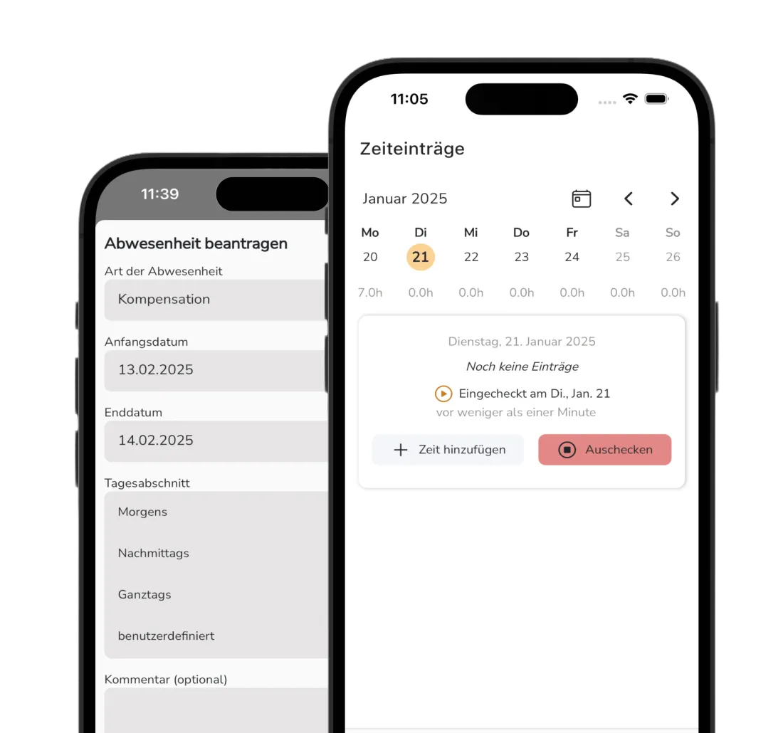 Timesia Zeiterfassung feature screen mockup