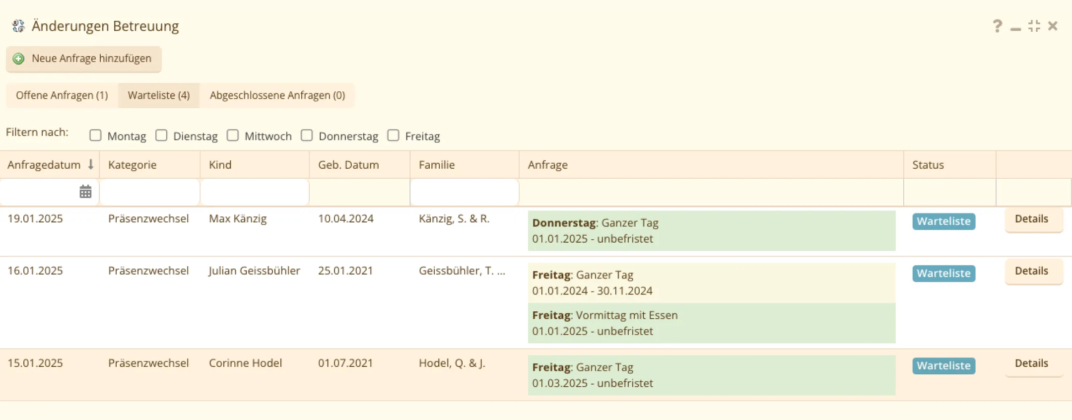 Kinderplanung feature screen mockup