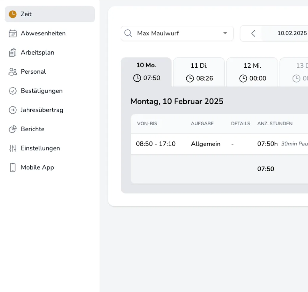 Timesia Zeiterfassung feature screen mockup